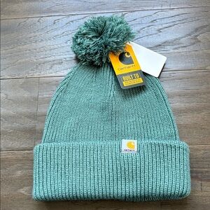 Carhartt Knit Pom-Pom cuffed beanie,logo patch,winter warm, frosted balsam- OSFM